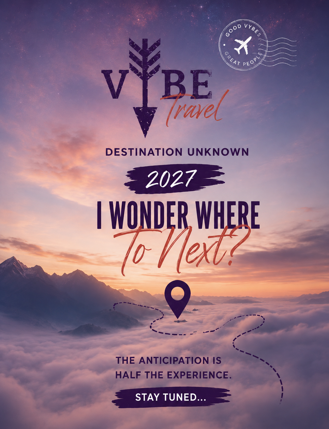 Destination Unknown 2027 teaser asking where Vybe Travel will go next