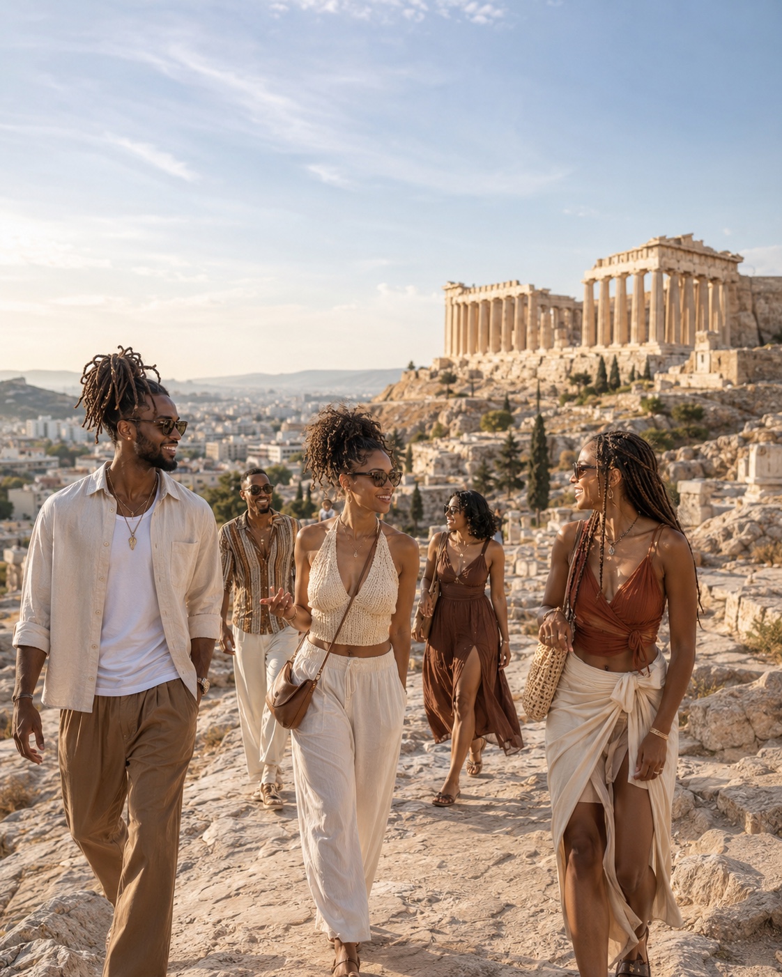 Black travelers exploring the Acropolis in Athens