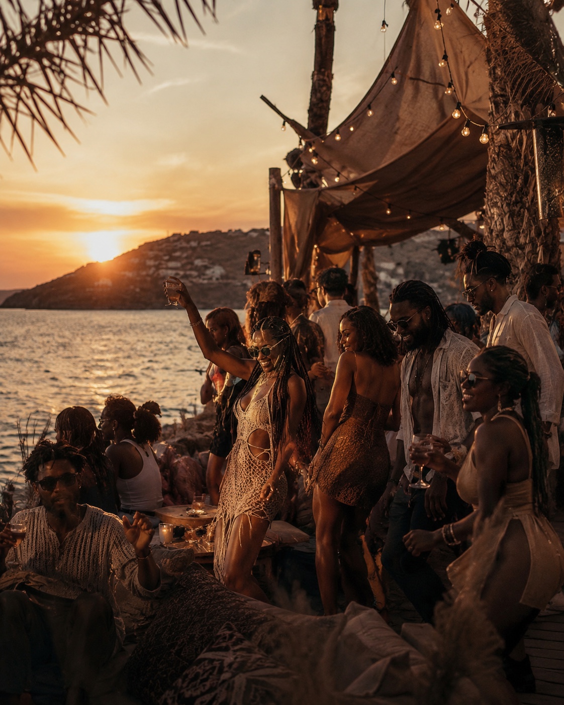 Black travelers enjoying sunset nightlife in Mykonos
