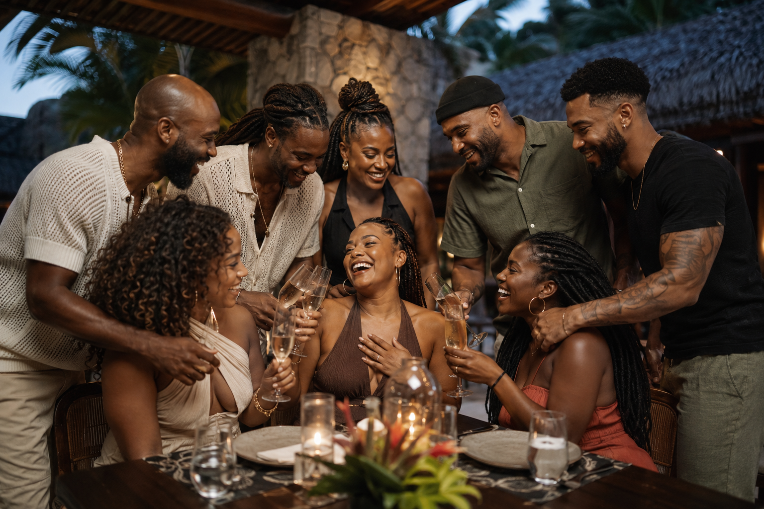 A joyful group enjoying a tropical getaway