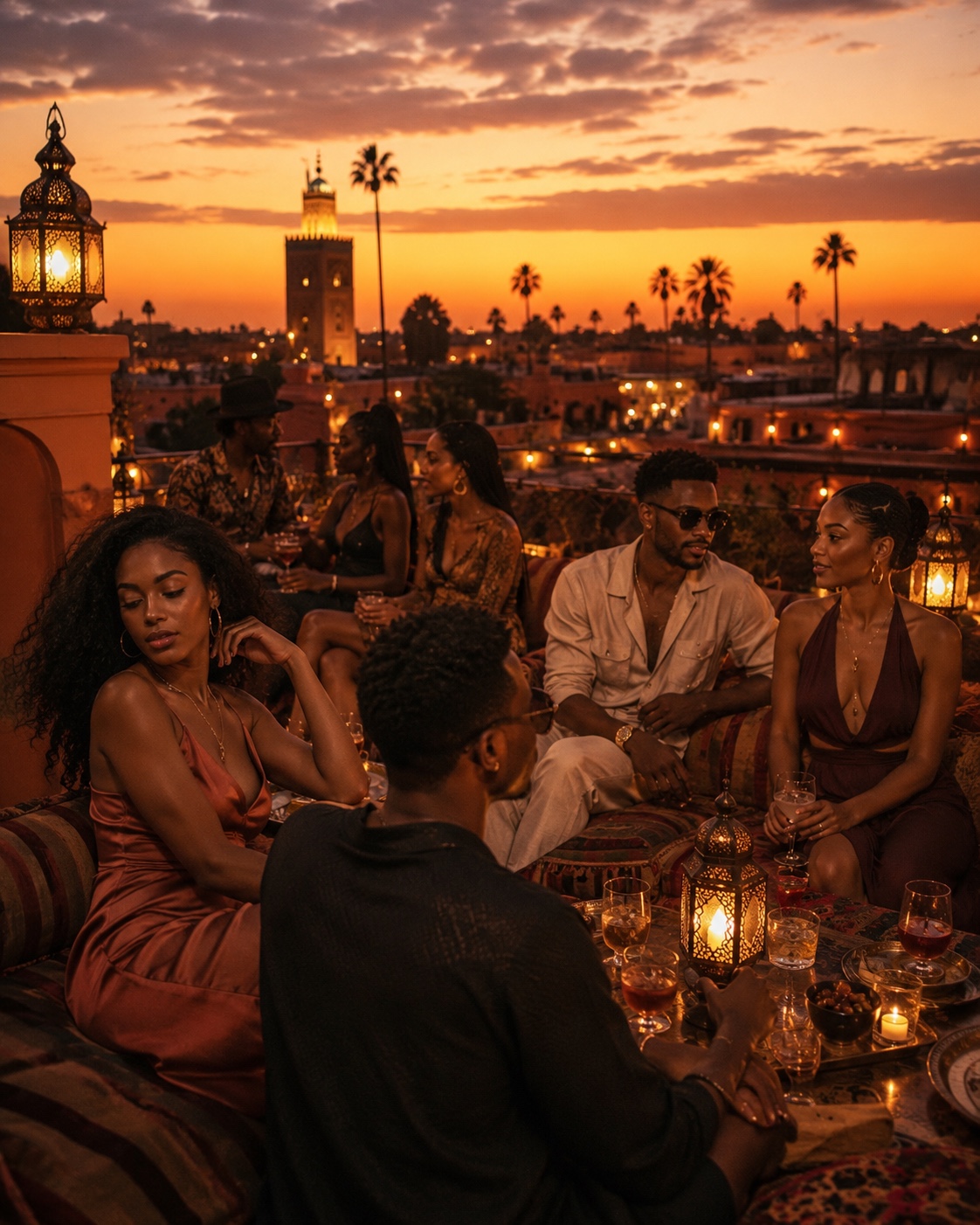 Black travelers enjoying a rooftop dinner at sunset in Marrakech
