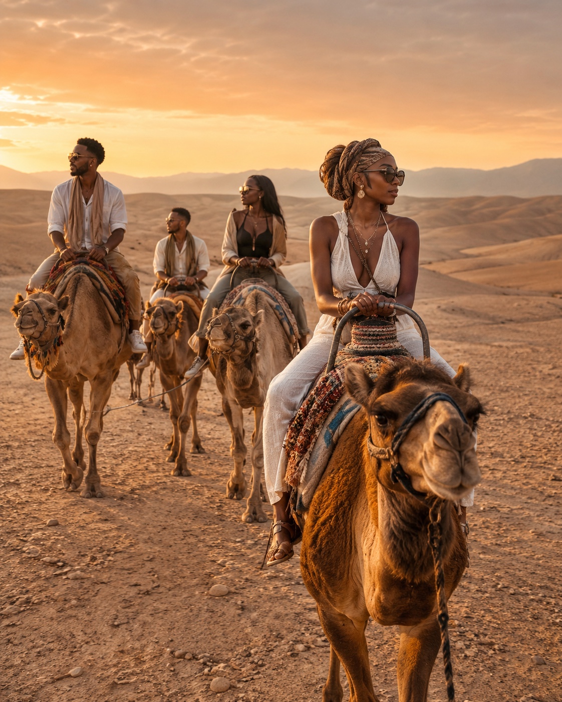 Black travelers sharing dinner at an Agafay desert camp at sunset