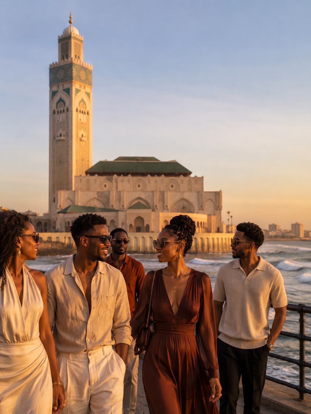 Black travelers walking beside Hassan II Mosque on the Casablanca coast