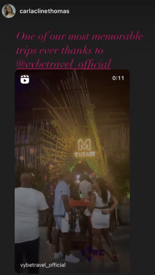 Instagram Story from carlaclinethomas describing a Vybe experience as one of her most memorable trips