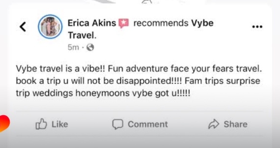 Facebook recommendation from Erica Akins describing Vybe Travel as fun and adventurous