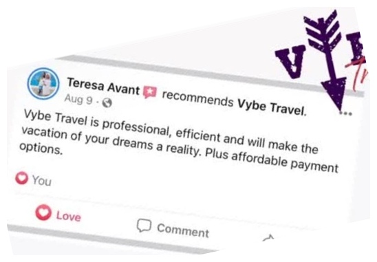 Facebook recommendation from Teresa Avant praising Vybe Travel as professional and efficient