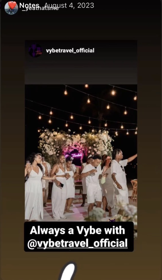 Instagram Story from _yeathatsme showing travelers at an all-white Vybe celebration