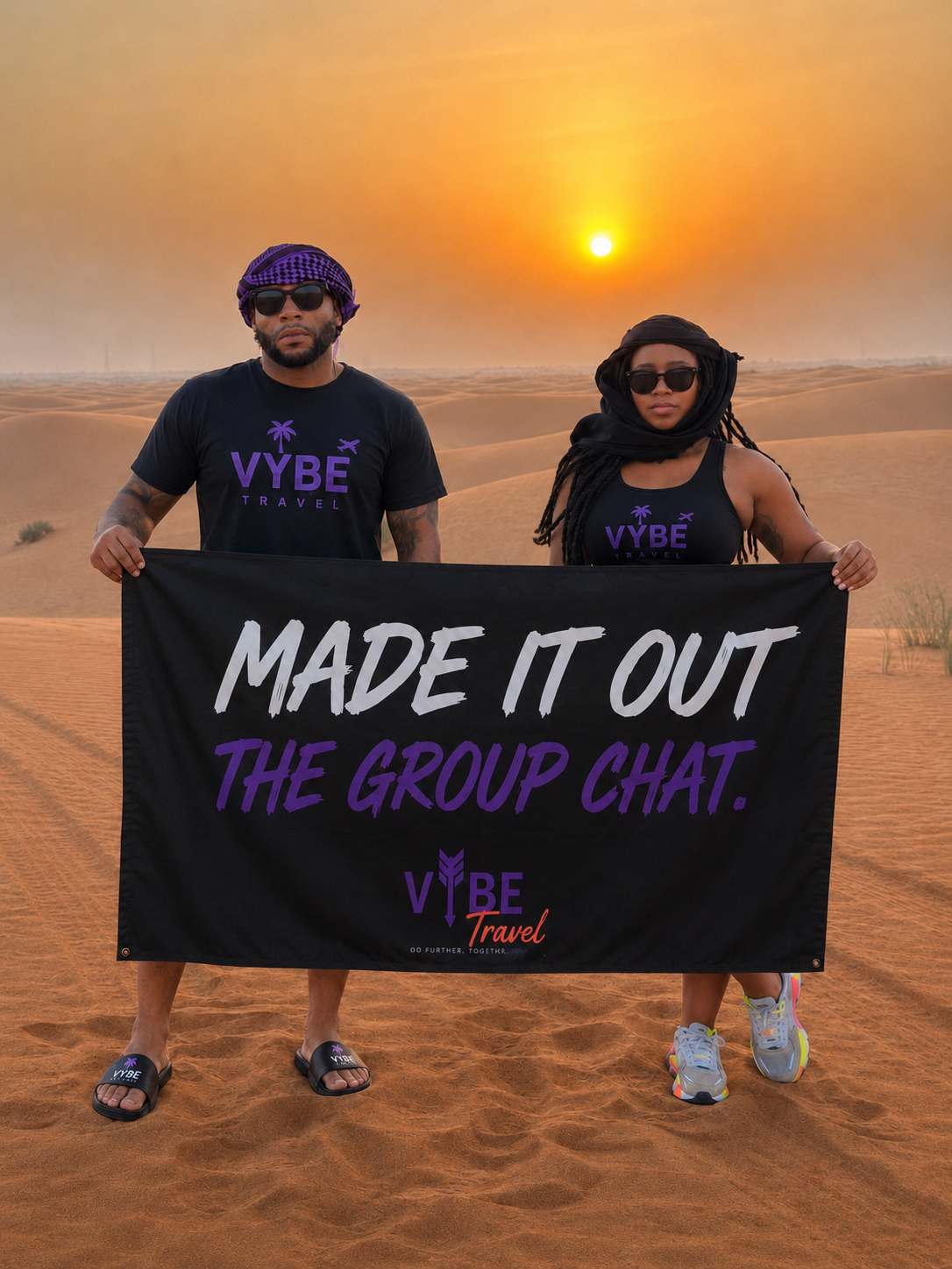 Vybe travelers holding a Made It Out the Group Chat banner