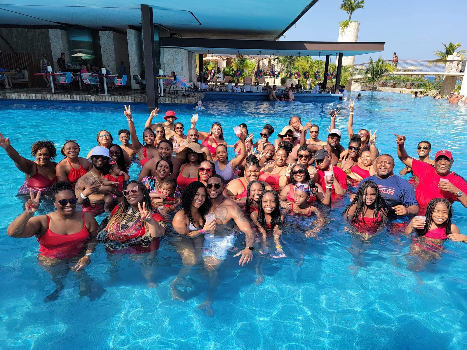 Vybe wedding guests enjoying a group pool celebration